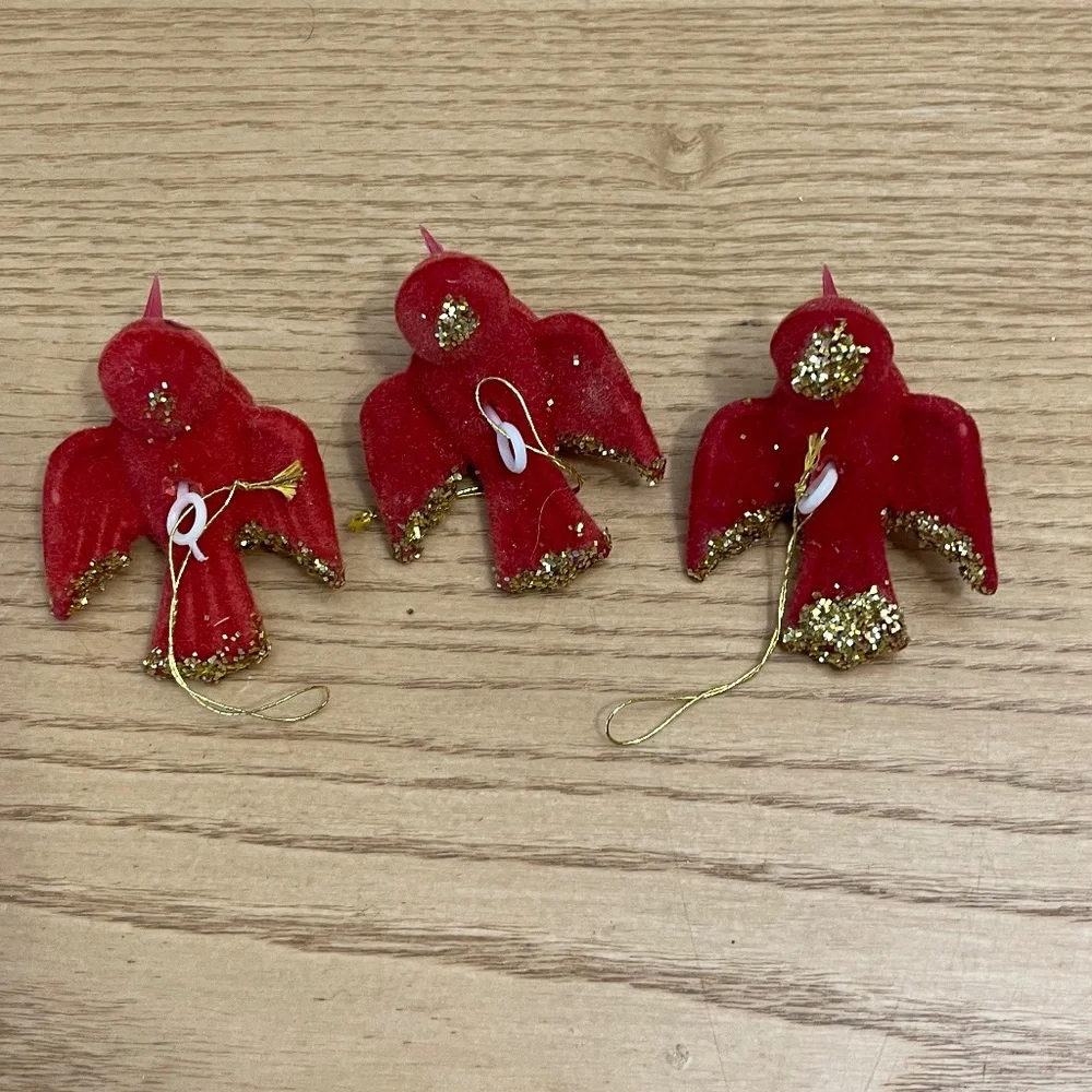Vtg Flocked Doves Christmas Ornaments Love Birds Set 3 Red Mid Century Modern 3”